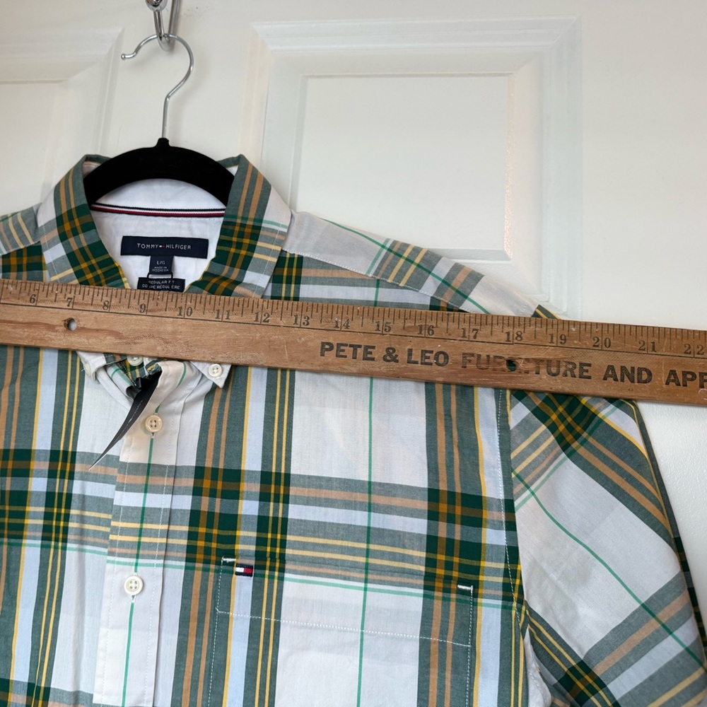 NWT Men’s L Tommy Hilfiger Fall Basics Button‎ Up Dress Shirt Green Plaid Long - Picture 13 of 14